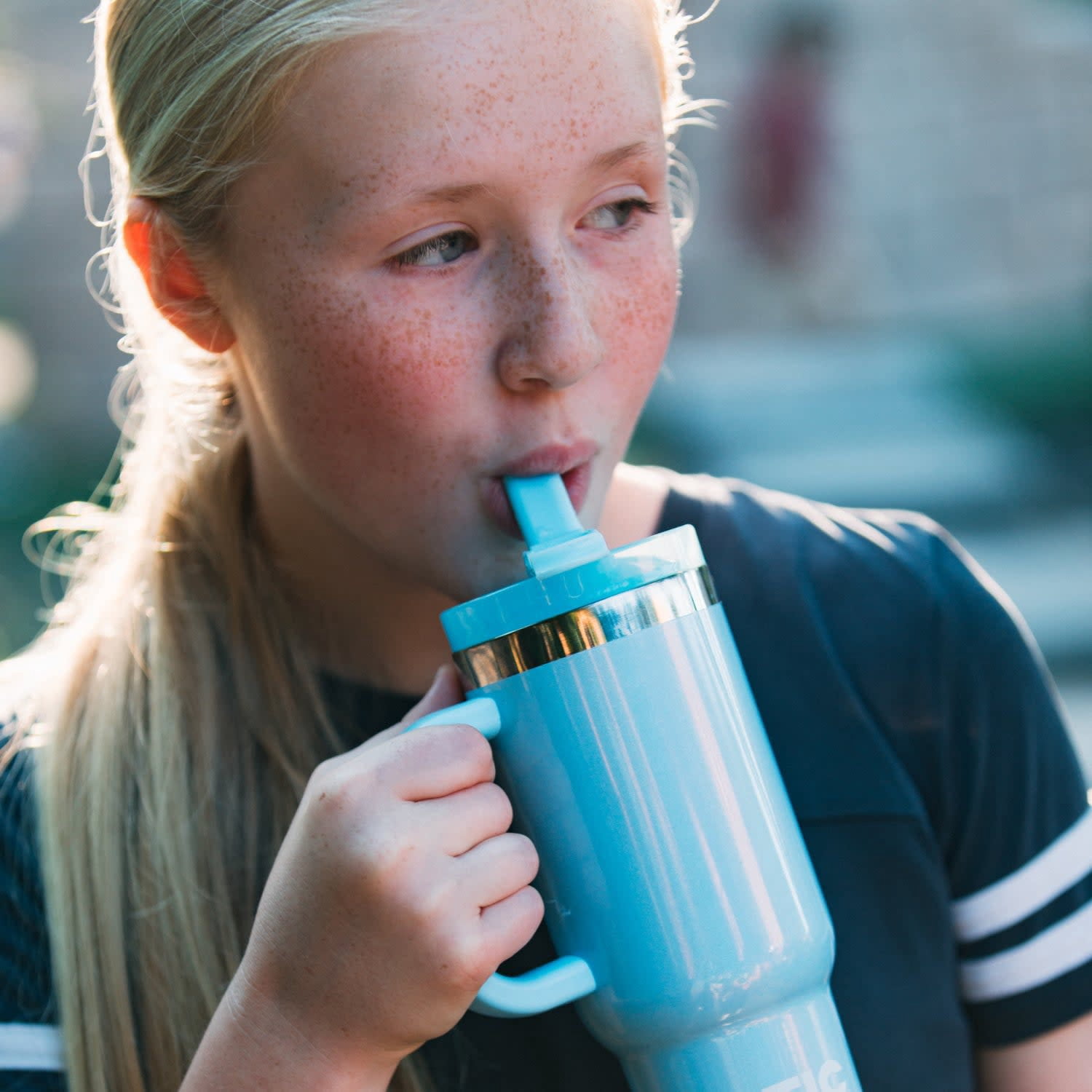 RTIC 16 oz Ceramic Lined Road Trip Tumbler with Handle and Leak-Proof Covered Straw Lid, Denim