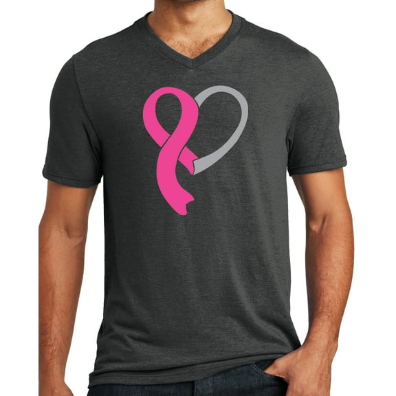 Mens Cancer Awareness Heart Ribbon V-neck Tee Shirt, Black Frost, XL