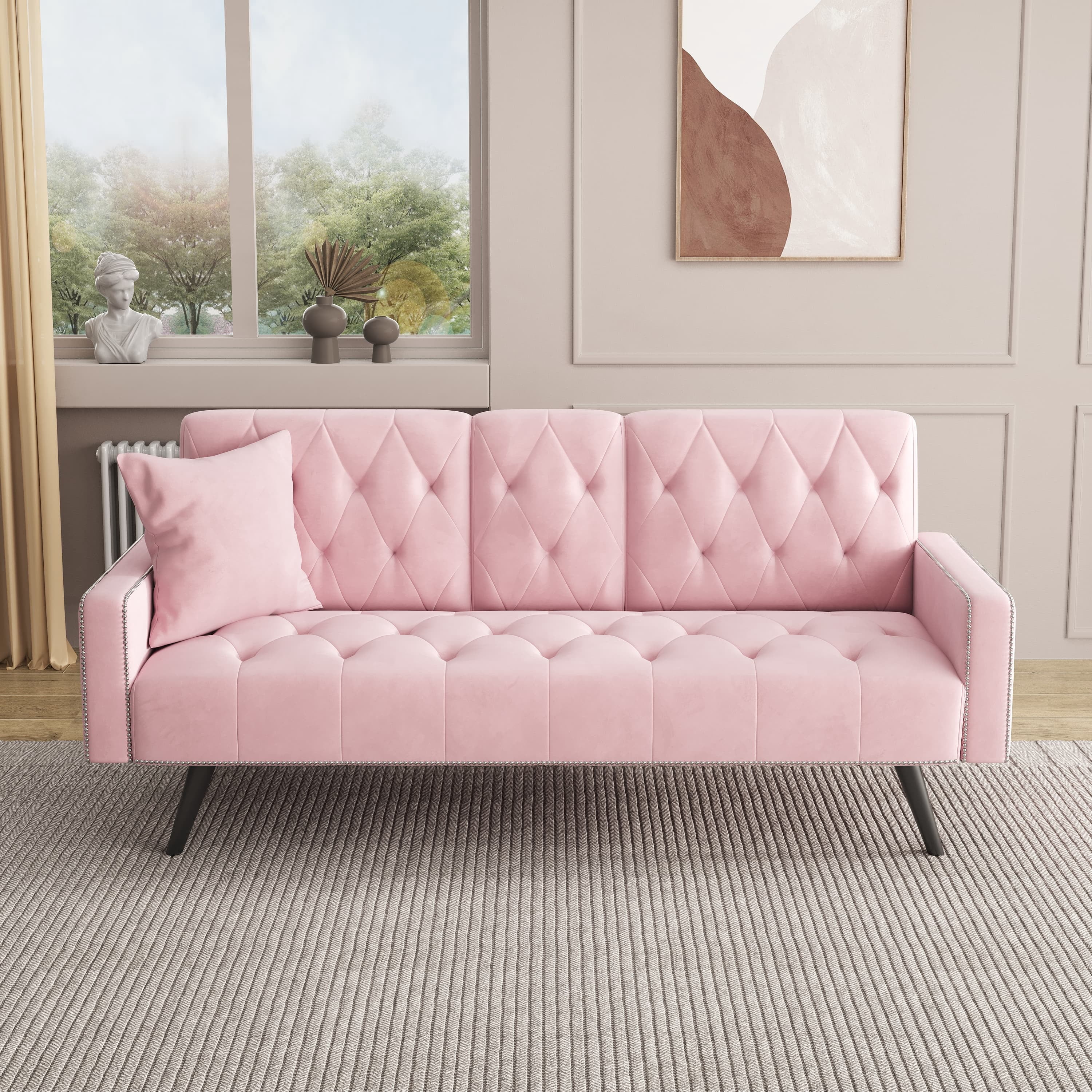 MAYEERTY 72" Sofa Bed Velvet Sofa Couch with 2 Cup Holders for Small Spaces, Pink