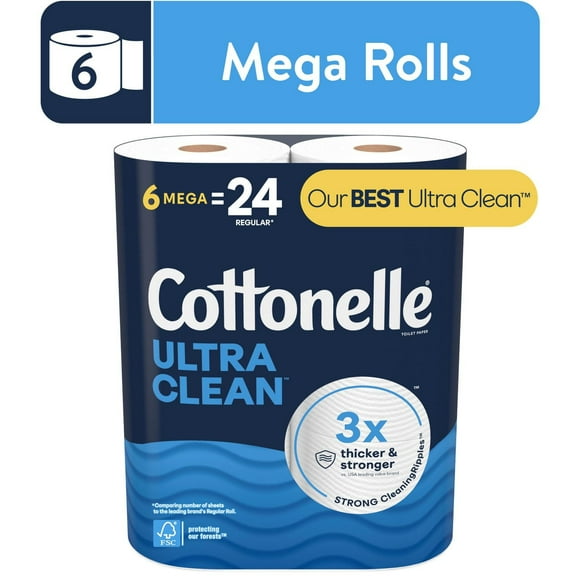 Papier hygiénique Cottonelle Ultra Clean, papier hygiénique robuste, 6 méga rouleaux (6 méga rouleaux = 24 rouleaux ordinaires), 284 feuilles par rouleau