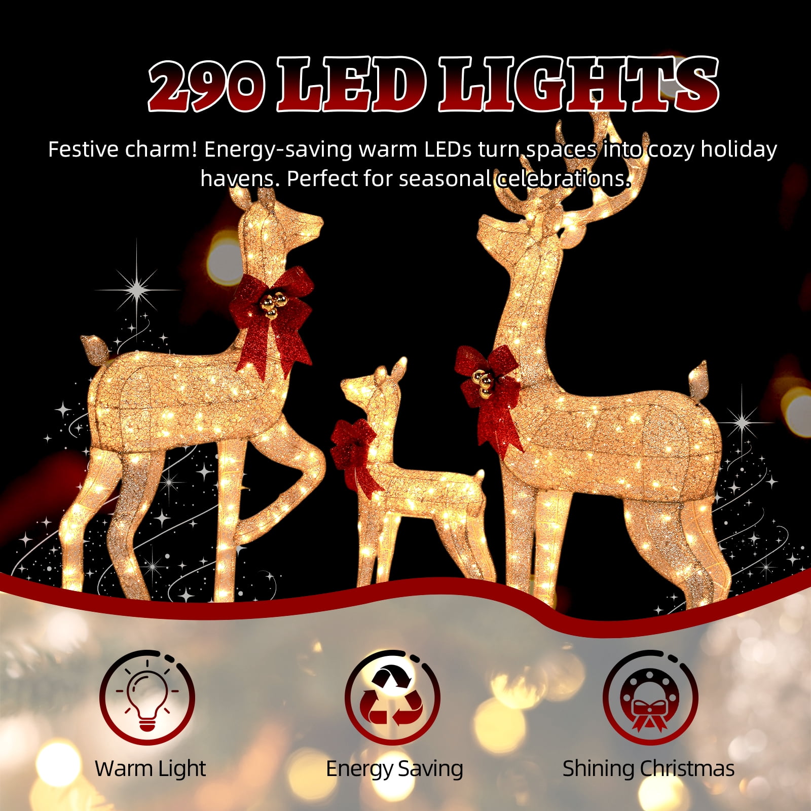Astoutdoor 3-Piece Lighted Christmas Reindeer Family Set, Pre-Lit 290 LED Warm White Lights, White, Indoor Outdoor Holiday Decoration