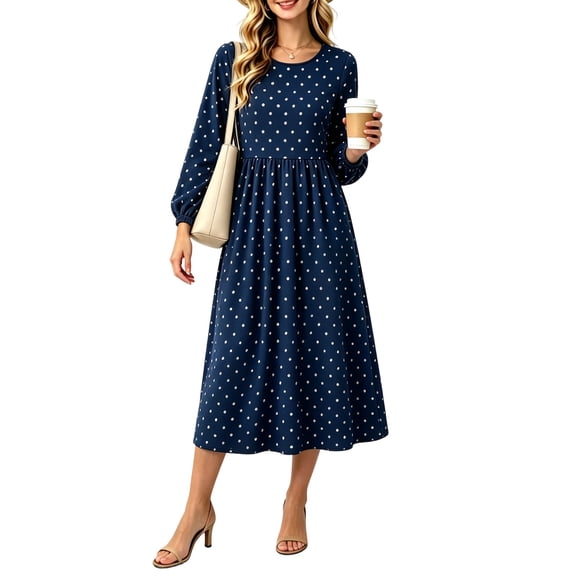 Oksale Polka Dot Dresses for Women Elegant Cozy Long Sleeve Midi Dress Summer Casual Crew Neck Flowy Travel Dresses 2026 Navy S