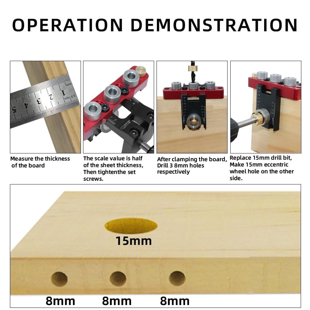 3-in-1 Adjustable Doweling Jig Kit, Cabinet Hardware, Pocket Hole, and Furniture Connecting Hole Puncher Tool