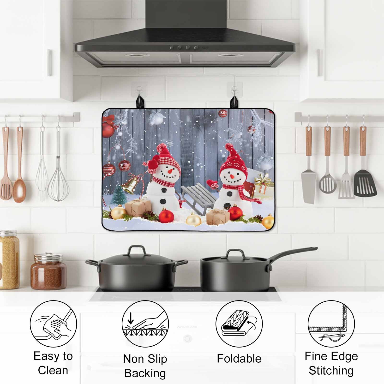 Christmas Stove Top Cover for Electric Stove, Heat-proof & Non Slip Glass Top Stove Cover Protector, Winter Snowman Xmas Red Balls Snowflakes Kitchen Flat Cooktop Rubber Mat 24x21 Inches