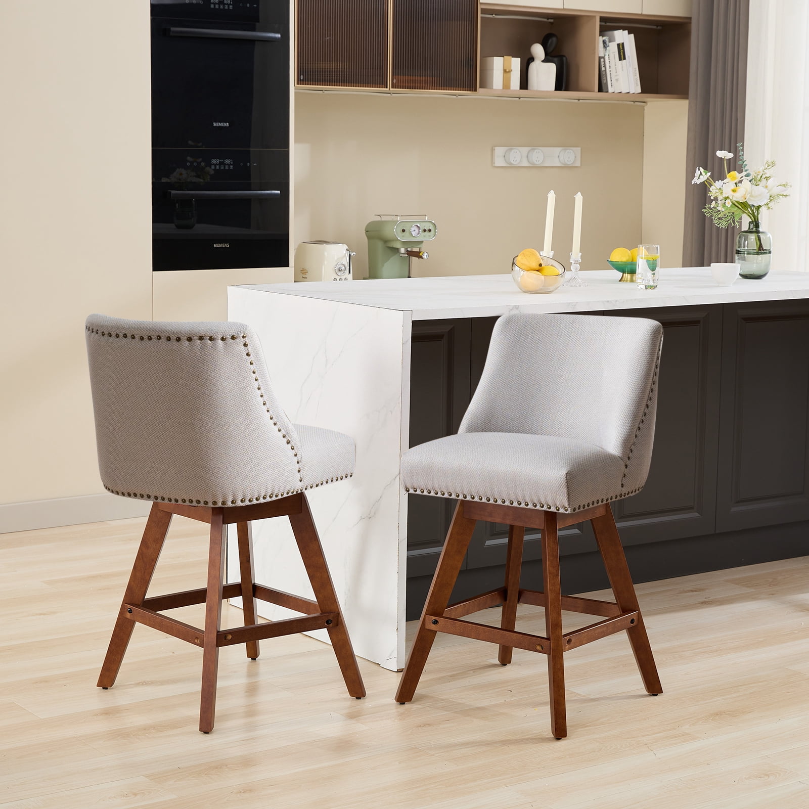 Zateety Counter Height Swivel Barstools, 26'' H Seat Height Upholstered Bar Stools Set of 2, Fabric in Ivory
