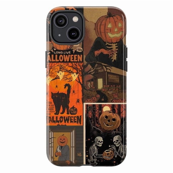 Retro Halloween Pumpkin & Skeleton iPhone Case, Timeless Spooky Collage Design with Black Cat and Haunted Night, Compatible with iPhone 16 15 14 13 12 11 Pro Max