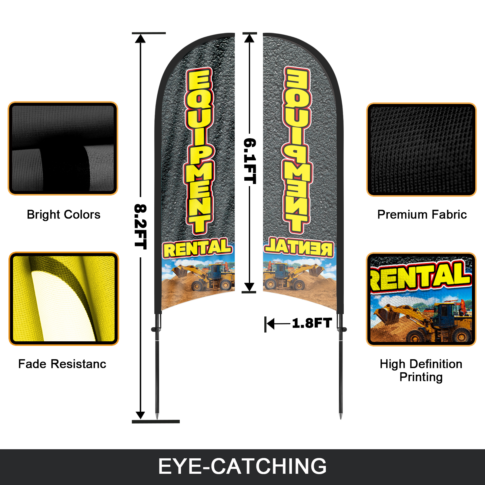 QSUM Equipment Rental Feather Flag with Flag Pole Kit and Ground Spike, 8.2FT Equipment Rental Windless Flag Banner Sign Business for Outdoor Advertising Sign Decoration Display