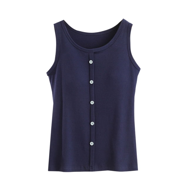 Timegard Tank Tops for Women Round Neck Button Sleeveless Solid Color Casual Comfy Camis with Bras