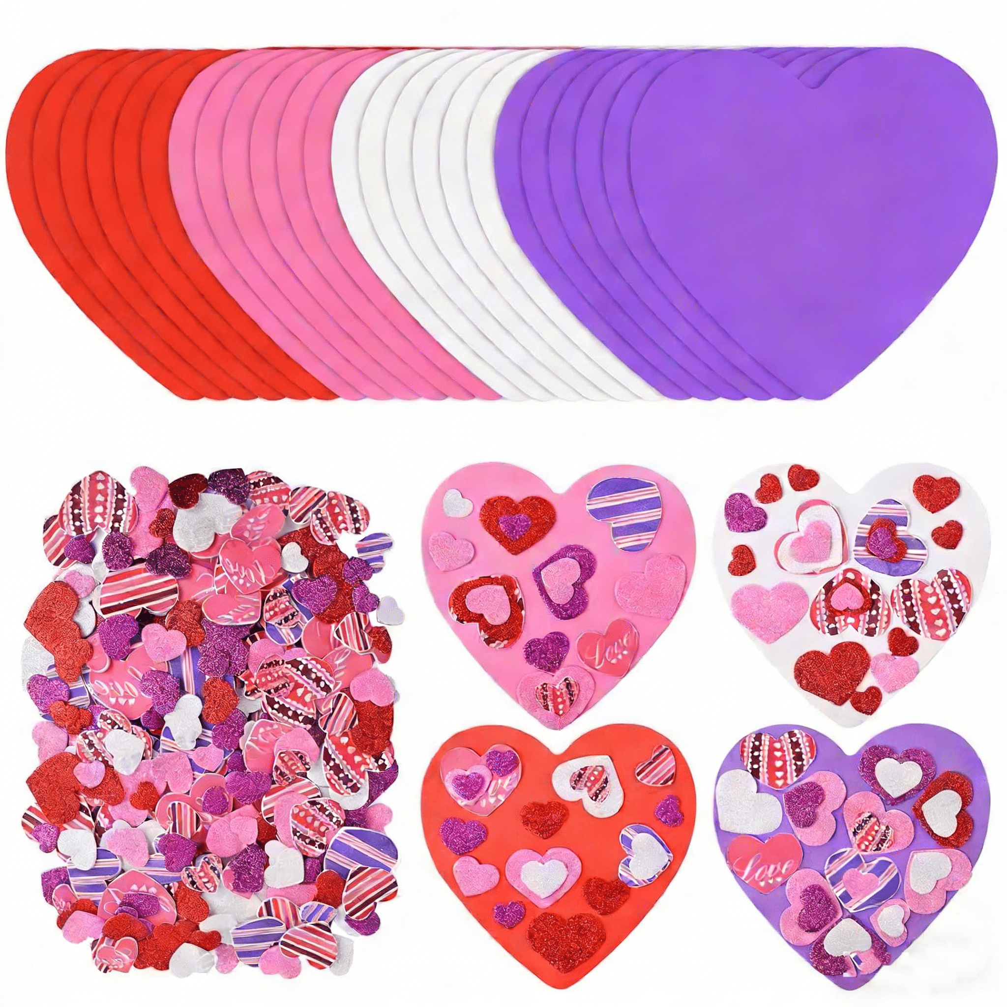 Valentine's Foam Heart Stickers Kit Includes Glitter Self-Adhesive Heart Stickers and Colorful Large Foam Hearts for Valentine's Day Wedding DIY Craft Supplies