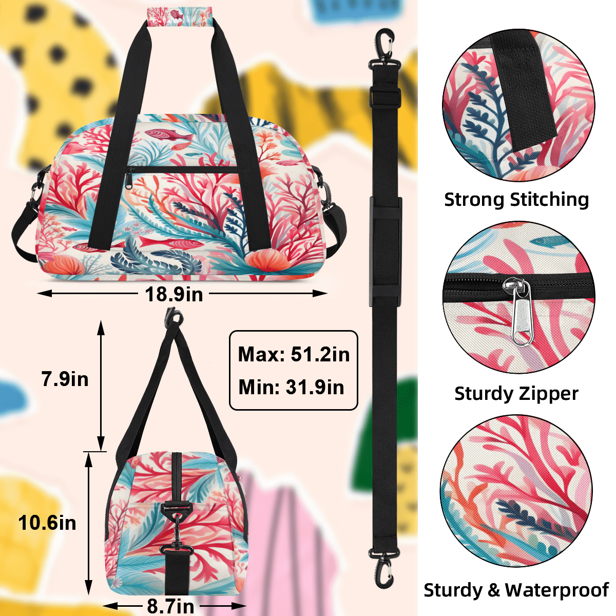 Herdesigns Sports Duffle Bags Travel Duffle Bag Gym Bag Red Pink Corals Ocean Fish Weekender Travel Bag Waterproof Overnight Bag Carry On Travel Tote Bag Dance Bags