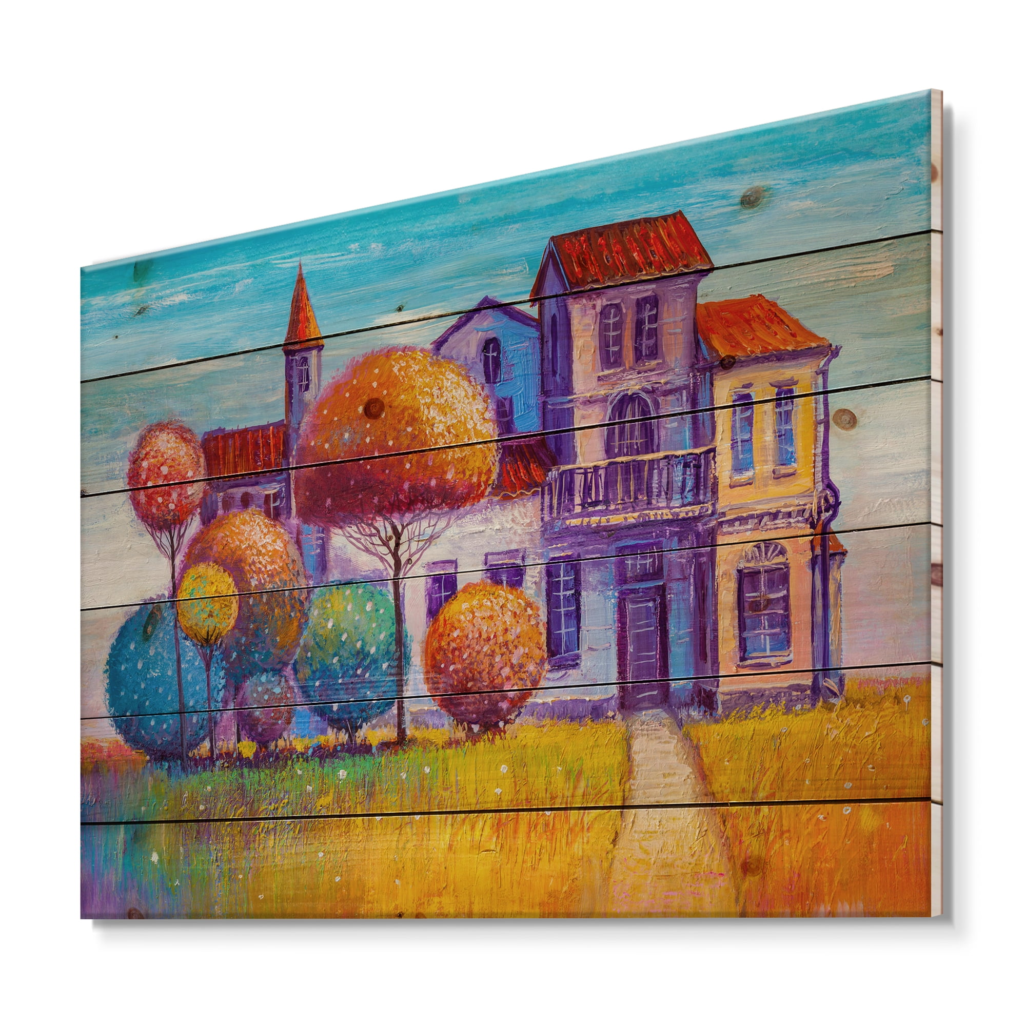 Designart 'Abstract Colorful House In The Fairy Tale VIllage' Traditional Print on Natural Pine Wood