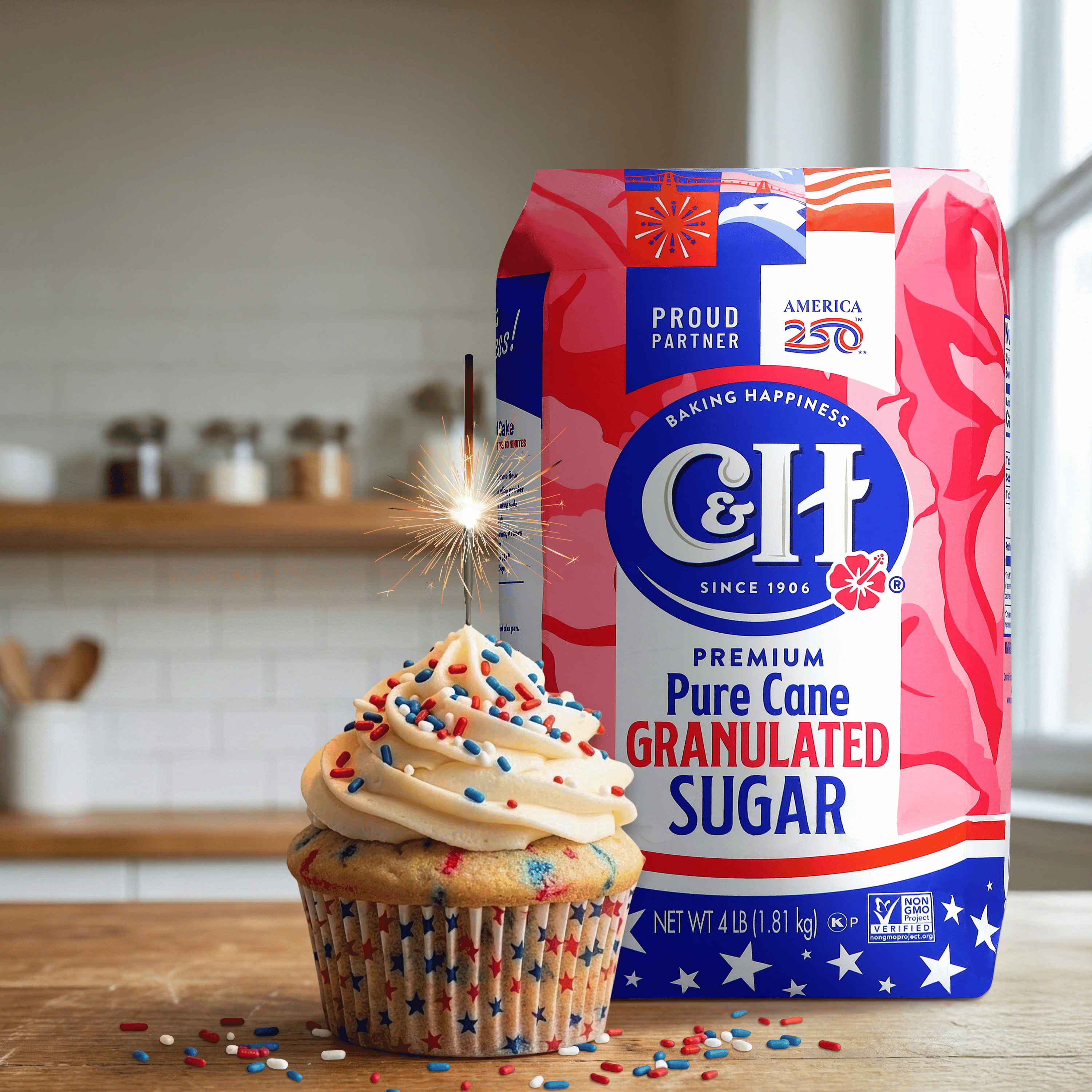 (5 pack) C&H Pure Cane Sugar, 4 lb Bag, Summer Baking, July 4th Desserts, Limited Edition