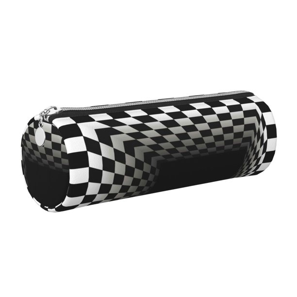 Disketp 3d Black and White Checkerboard Tunnel Estuche Organizador de Lápices de Cuero, Estuche de Oficina con Cremallera para Bolígrafo y Lápiz