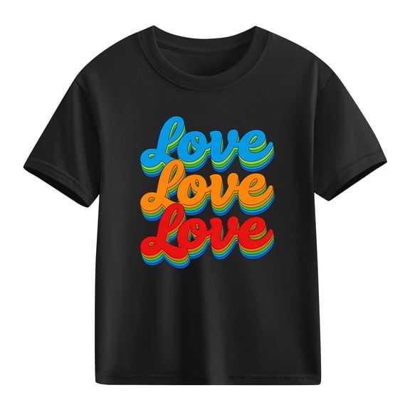 Girls Love Graphic T-Shirt Short Sleeve Cotton Tee with Rainbow Lettering for Kids 4-12, Black,Size 5 T
