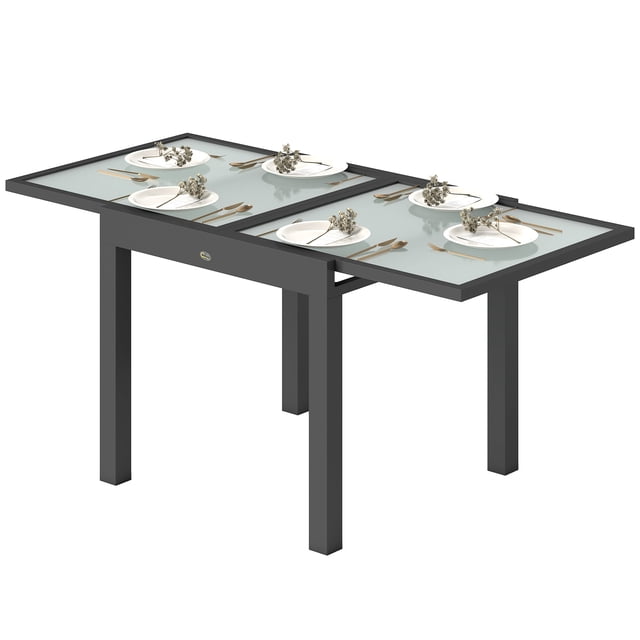 Outsunny Extendable Patio Dining Table, Tempered Glass Aluminum Outdoor Table for Garden Lawn Backyard, Clear