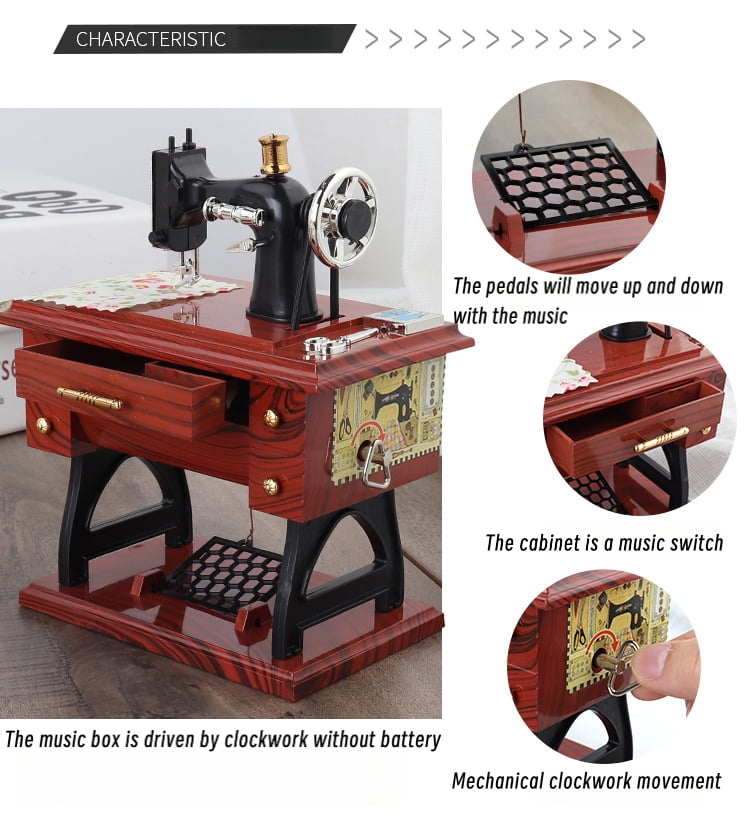 Retro Mini Sewing Machine Music Box - Hand-Wound (No Battery), Drawer-Activated Melody & Moving Parts (Pedal/Needle/Wheel)