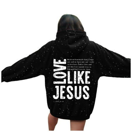 Fshinging Sparkle Stars Galaxy Hoodie Women Fall Oversize Christian Long Sleeve y2k Pullover Sweatshirt Black XL