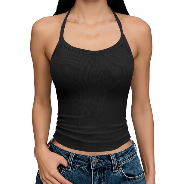 Camisetas sin Mangas para las Mujeres con Cuello Redondo sin Espalda Camisetas de Moda Casual de Poliéster de Longitud Regular