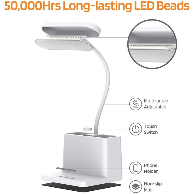 LED Desk Lamp with Pen Holder, AXX Desk Light for Computer/Desktop - White, Rechargeable, Eye-Caring, Flexible Gooseneck - Bedside Table Lamp for Reading, Small Study Lamp for Kids, Home, Office, Dorm
