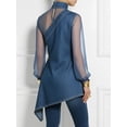 thumbnail image 2 of Women Royal Blue Tencel Denim Blouse with High Collar See Through Sleeves and Asymmetric Hem, 2 of 2
