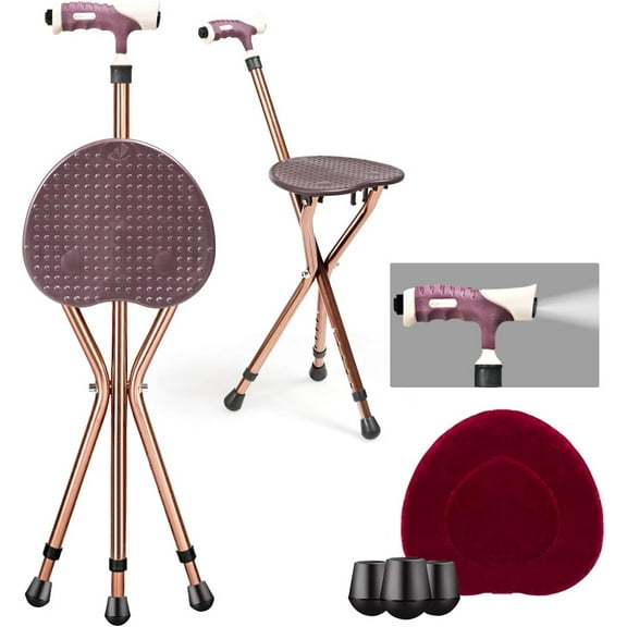 REKHH Walking Cane with Seat, Heavy Duty Aluminum Alloy Crutch Chair with LED Light and Retractable 3 Legs, Portable Anti-Slip Seat Cane, Lightweight Walking Stick for Seniors Elderly,Coffee