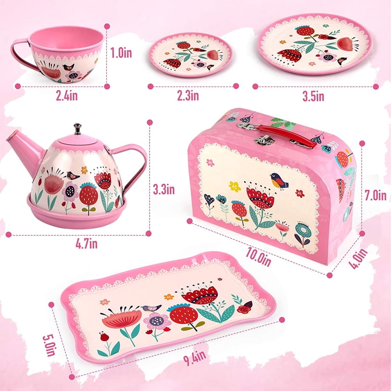 ブリキ玩具ファンシーTin Tea Set Pretend Role Playレッド D-FantiX 15Pcs Pink Tin Tea Party Kids Tea Set