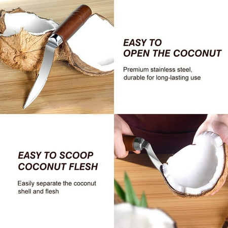 

Coconut Tool Coconut Meat Remover Durable Wooden Handle Stainless Steel Coconut Opener Scraper Knife Kitchen Accessories