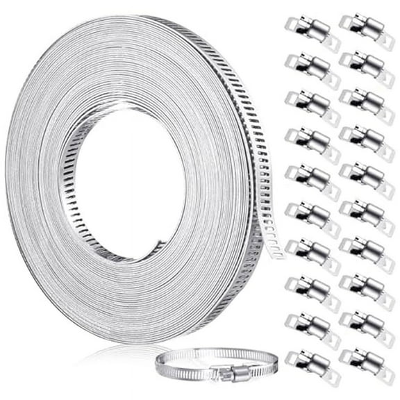 TOP! 33Ft Stainless Steel Hose Clamp DIY Metal Strap and 20 Pcs Fasteners Adjustable Worm Gear Clamps for Pipe Tube