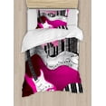 thumbnail image 1 of Music Twin Size Duvet Cover Set, Bass Guitar Keyboard Urban Rock Backdrop Rhythm of City Illustration, Decorative 2 Piece Bedding Set with 1 Pillow Sham, Hot Pink Light Grey Black, by Ambesonne, 1 of 3