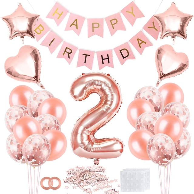 2 Globos Cumpleaños Niña Oro Rosa 2 Años ER Decoración Fiesta Cumpleaños