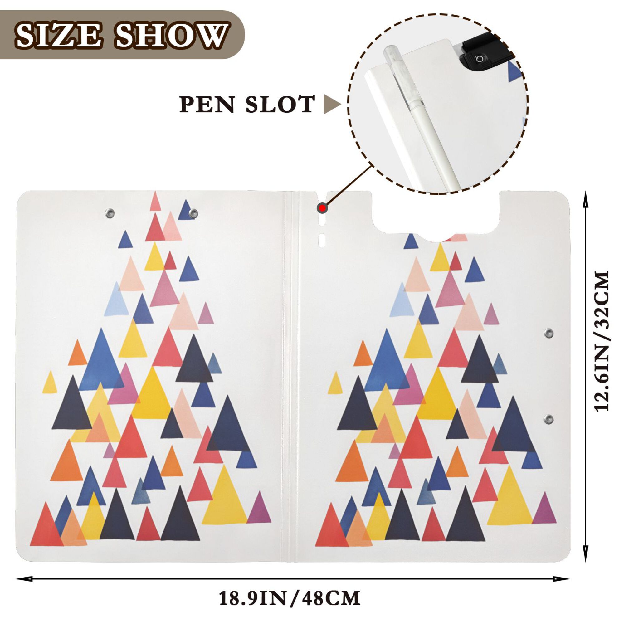 FORMRS A4 Clipboard Folder with Pen Holder Horizontal Foldable School Office Binder, White Abstract Triangles