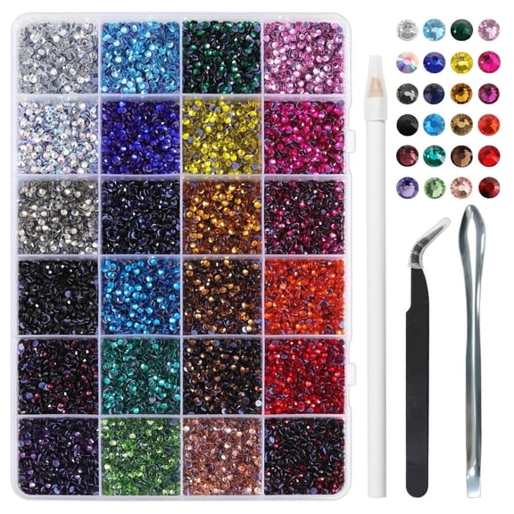 Hotfix Rhinestones Mixed 24 Colors, SS10 Rhinestones for Crafts Clothes, Hotfix Crystals with 1 Tweezers, 1 Wax Pencil and 1 Spoon