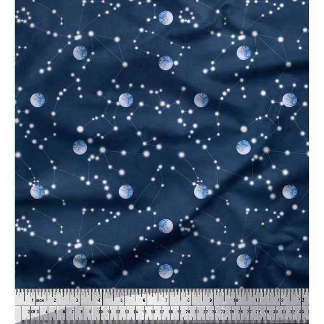 Soimoi polyester Crepe Fabric Moon & Galaxy Print Sewing Fabric Yard 42 Inch Wide
