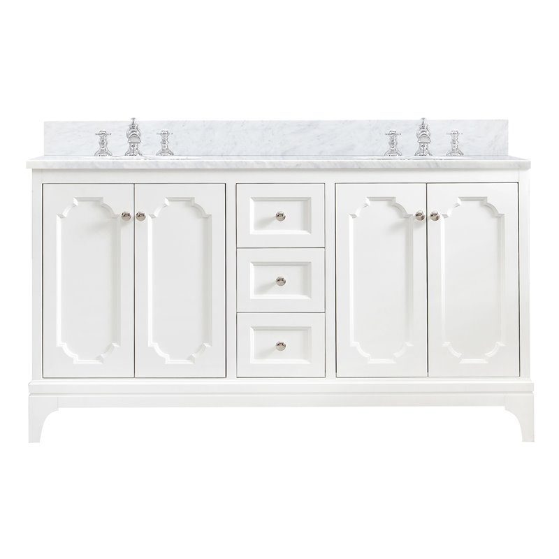 Water Creation Queen 60" Wood Double Bathroom Vanity in White & Nickel
