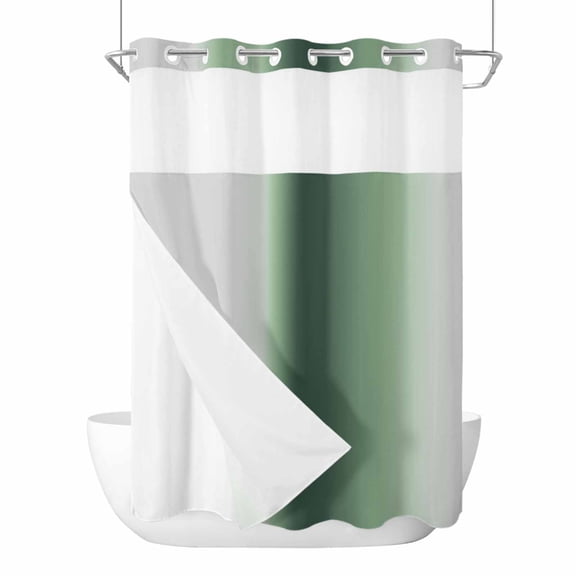 No Hook Green Grey Ombre Shower Curtain with Snap in Liner Set, Farmhouse Gradient Minimalist Waterproof Fabric Bathroom Curtains with See Through Top Window, Hotel Style Extra Long 72 x 96 Inch
