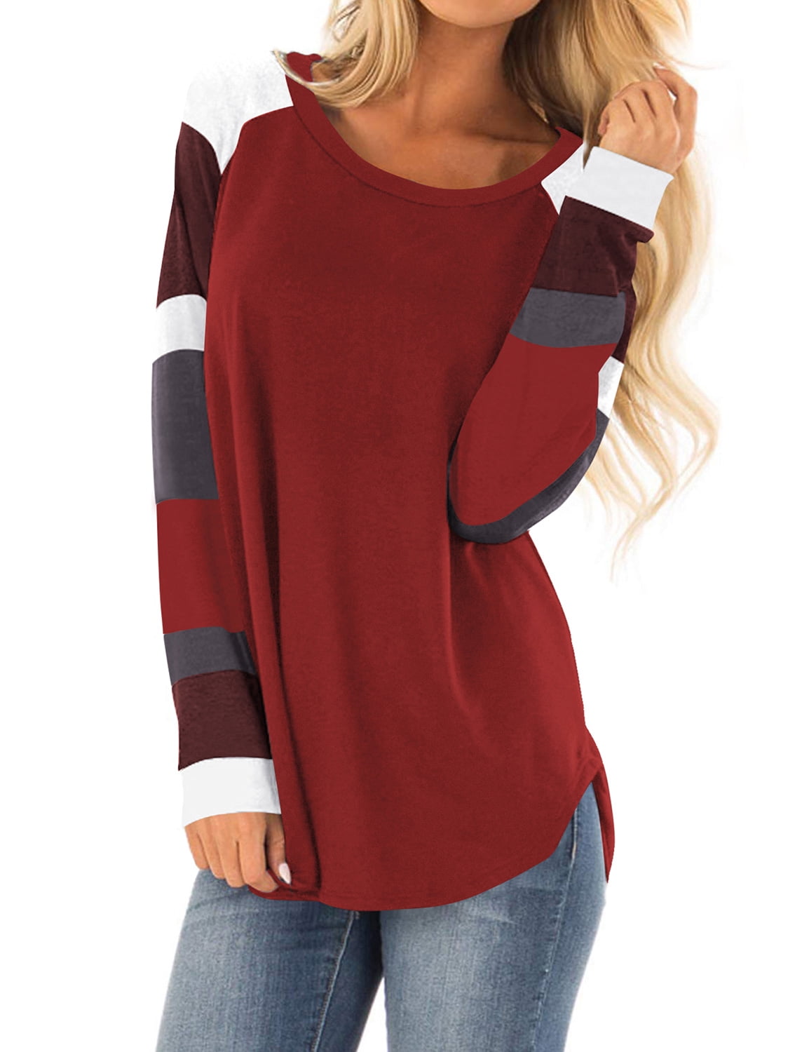 ZXZY Women Color Block Round Neck Long Sleeve Scoop Hem Tunic Top