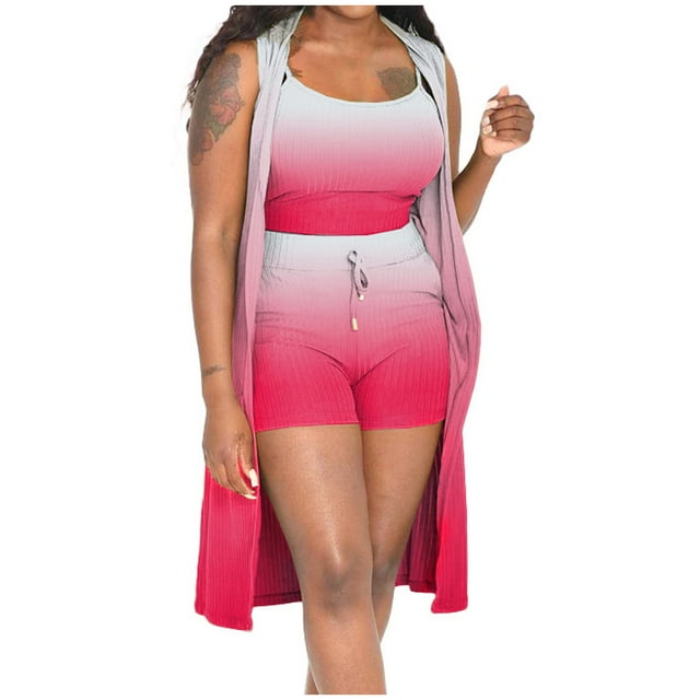 Ensemble 3 Pcs Côtelé pour Femmes Camisole Sans Manches Cardigan Ouvert Collants Pantalons Courts Ensemble Assorti Survêtement Tenue de Boîte de Nuit