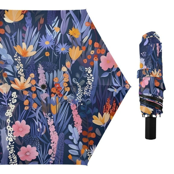 Beautiful Florals All Weather Umbrella Triple Folding Parasol 6 Ribs UV Protection Portable