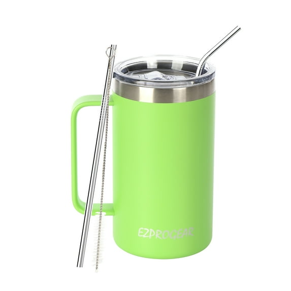 Ezprogear 24 oz Stainless Steel Coffee Mug Double Wall Beer Tumbler Vacuum Insulated Camping Cup with Handle, Lid & Straws (Lime Green)