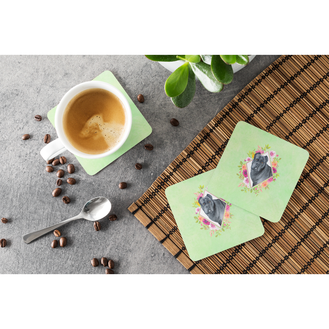 Carolines Treasures CK4285FC Cane Corso Green Flowers Foam Coaster Set of 4 3 1/2 x 3 1/2 multicolor