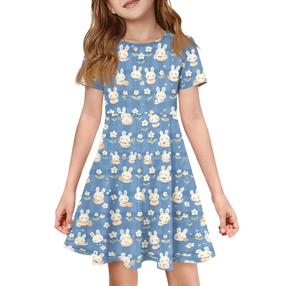 yuCgh Easter Dress for Toddler Girls, Short Sleeve Summer Dress with Pocket, Colorful Print Casual Party Dress for Easter Celebration,Blue 110