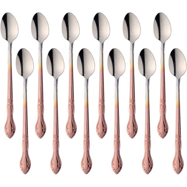 Iced Tea Spoon Set for 12 Coffee Spoon 7.9 -Inch Stainless Steel Spoon Set Ice Cream Spoon Long Spoon Dessert Spoon Milkshake Spoon-Gradient Rose Gold