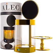 ALEC (Old Plastic Model) Clear Hurricane Automatic Candle Holder & Extinguisher with Rechargeable Timer Lid & Stand | Large Gold Pillar & Votive Candle Holders for Home Centerpiece Table Decorations