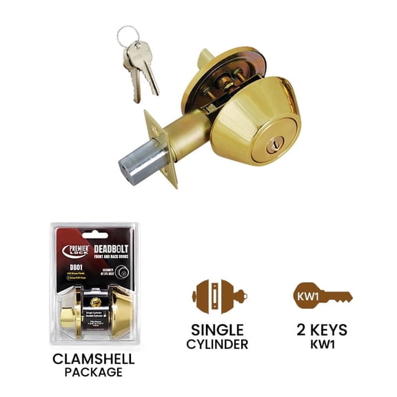 Premier Lock Deadbolt Lock, Single Cylinder, Brass, 2 KW1 Keys-Carded