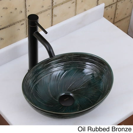 - Elite 1559 F371023 Oval Dark Green Glaze Porcelain Ceramic Bathroom Vessel Sink With Faucet Combo Bronze Finish