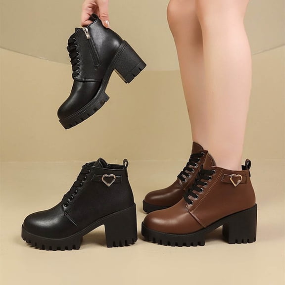 Woman Boots Chunky Mid Heel Round Toe Lace-Up Ankle Booties with Zipper Casual Winter Warm Comfortable Boots Solid Color Shoe for Women's Trendy Brown 5.5