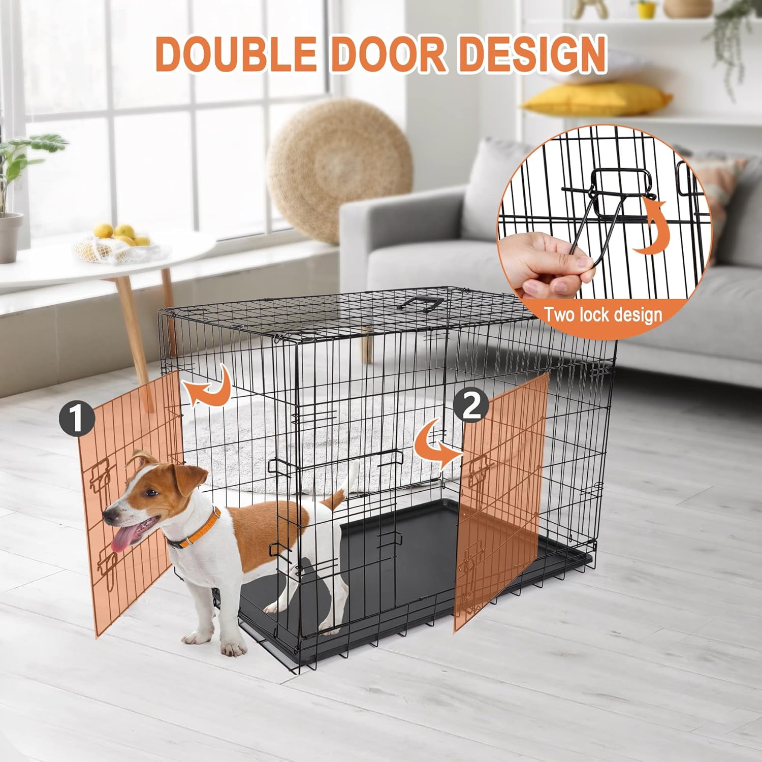 42 inch Dog Crate for Medium Large Dogs Folding Metal Dog Cage Kennel Double Door Pet Crate with Divider and Tray, Black