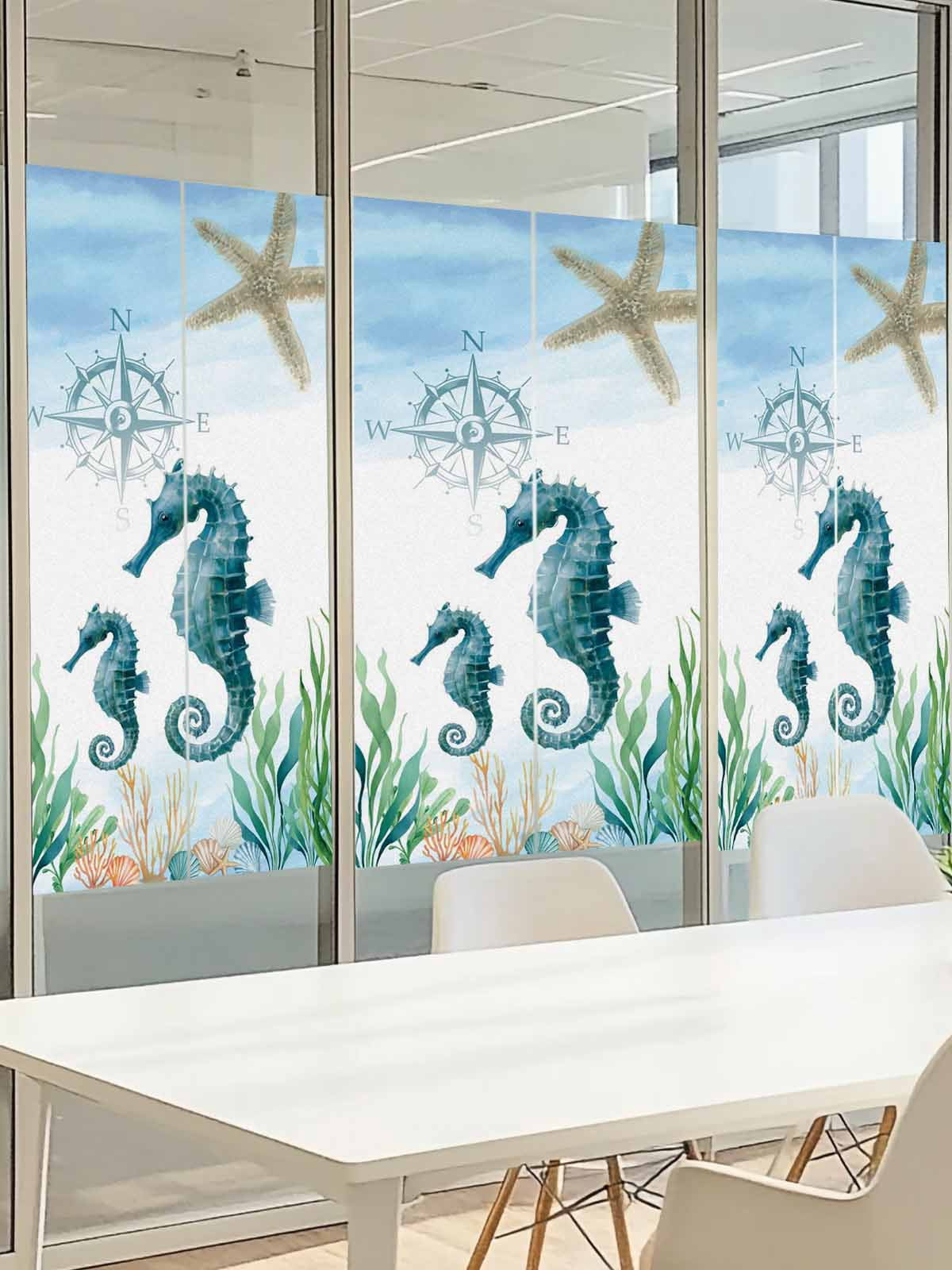 Ocean Blue Window Privacy Film, Seahorse Starfish Compass Seagrass Coral Coastal Frosted Glass Window Clings Static Cling UV Heat Blocking Reusable Door Sticker for Bathroom 23.6 x 59 Inch