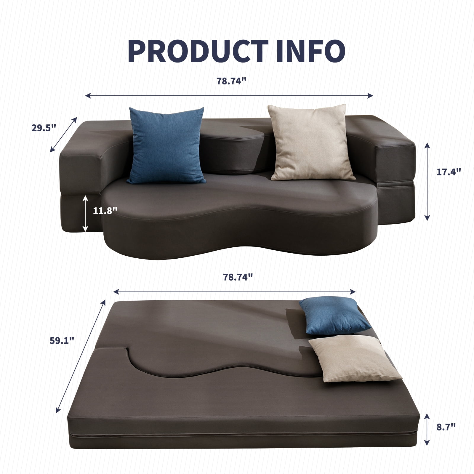 ZAFLY Queen Size Convertible Futon Sofa Bed, Floor Sofa Bed Foldable, Foam Folding Mattress Sleeper, Floor Couch Lounge Sleeper Bed for Living Room/Bedroom, Dark Grey