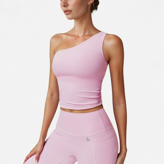 Women's One Shoulder Cropped Active Tank Top with Asymmetrical Neckline - Large, Pink
